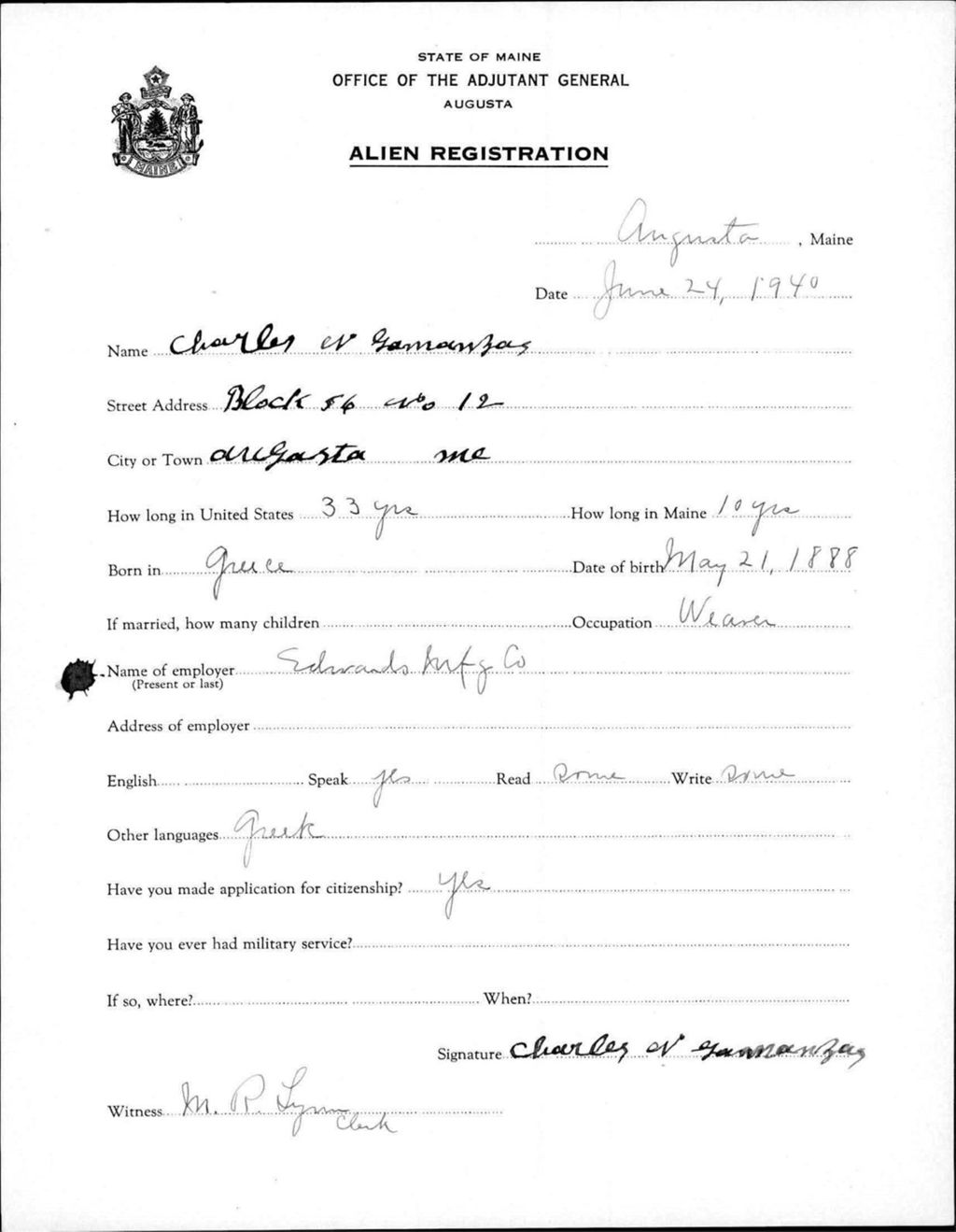 Miniature of Alien Registration- Gamanzas, Charles W. (Augusta, Kennebec County)