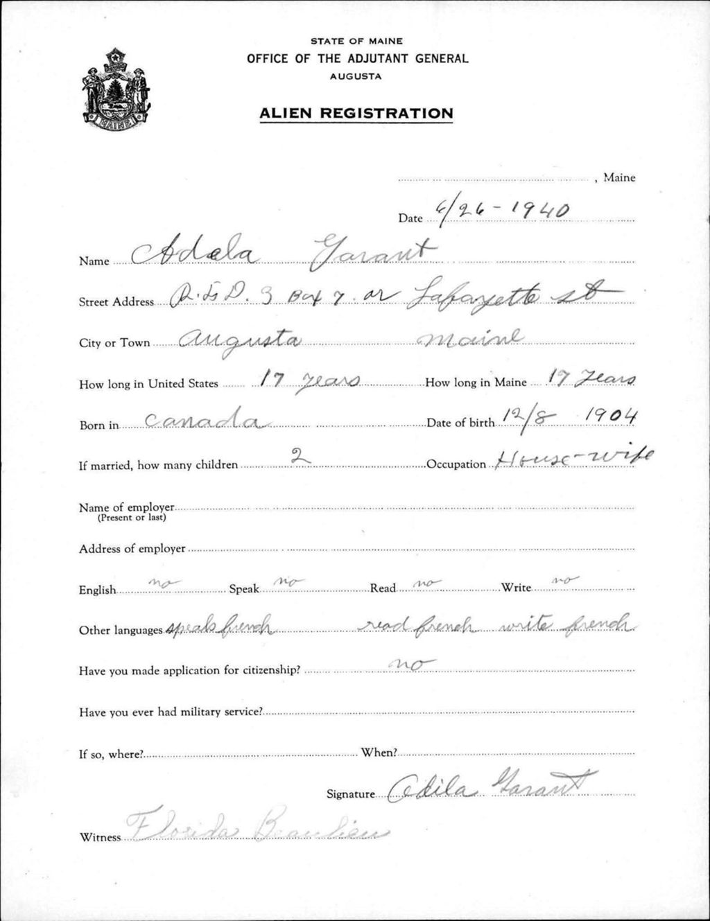 Miniature of Alien Registration- Garant, Adela (Augusta, Kennebec County)