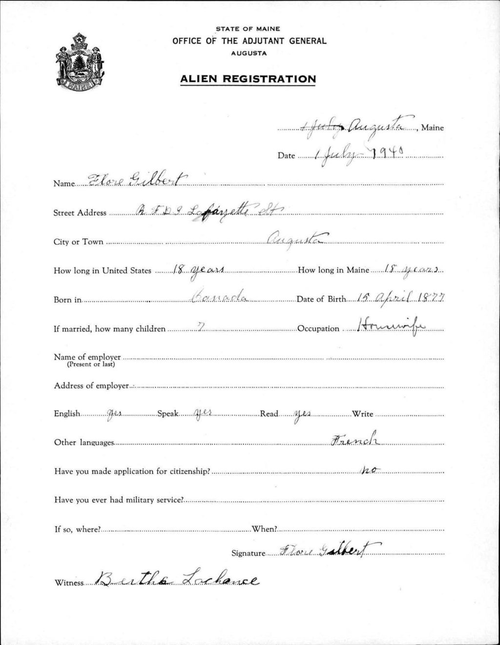 Miniature of Alien Registration- Gilbert, Flore (Augusta, Kennebec County)