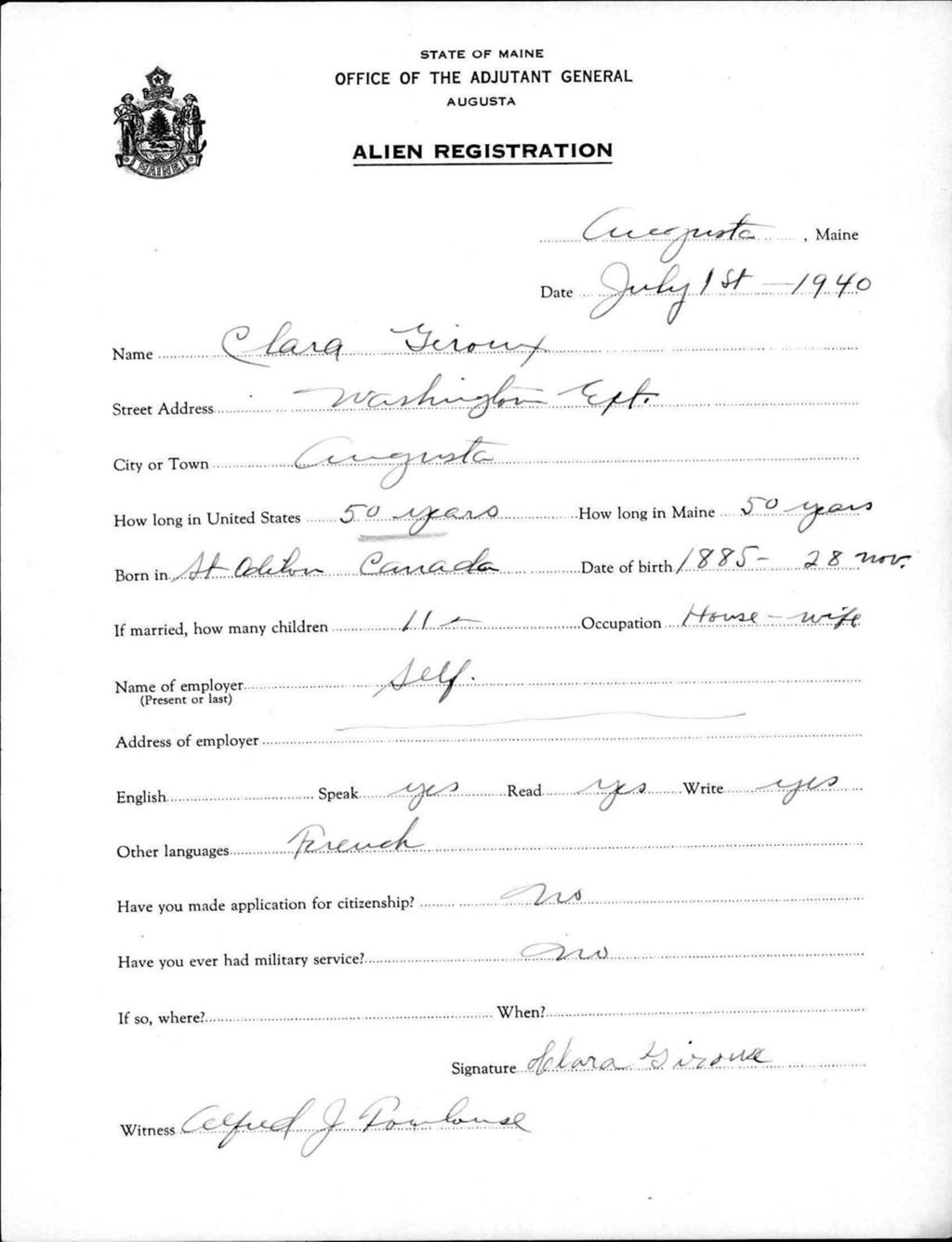 Miniature of Alien Registration- Giroux, Clara (Augusta, Kennebec County)