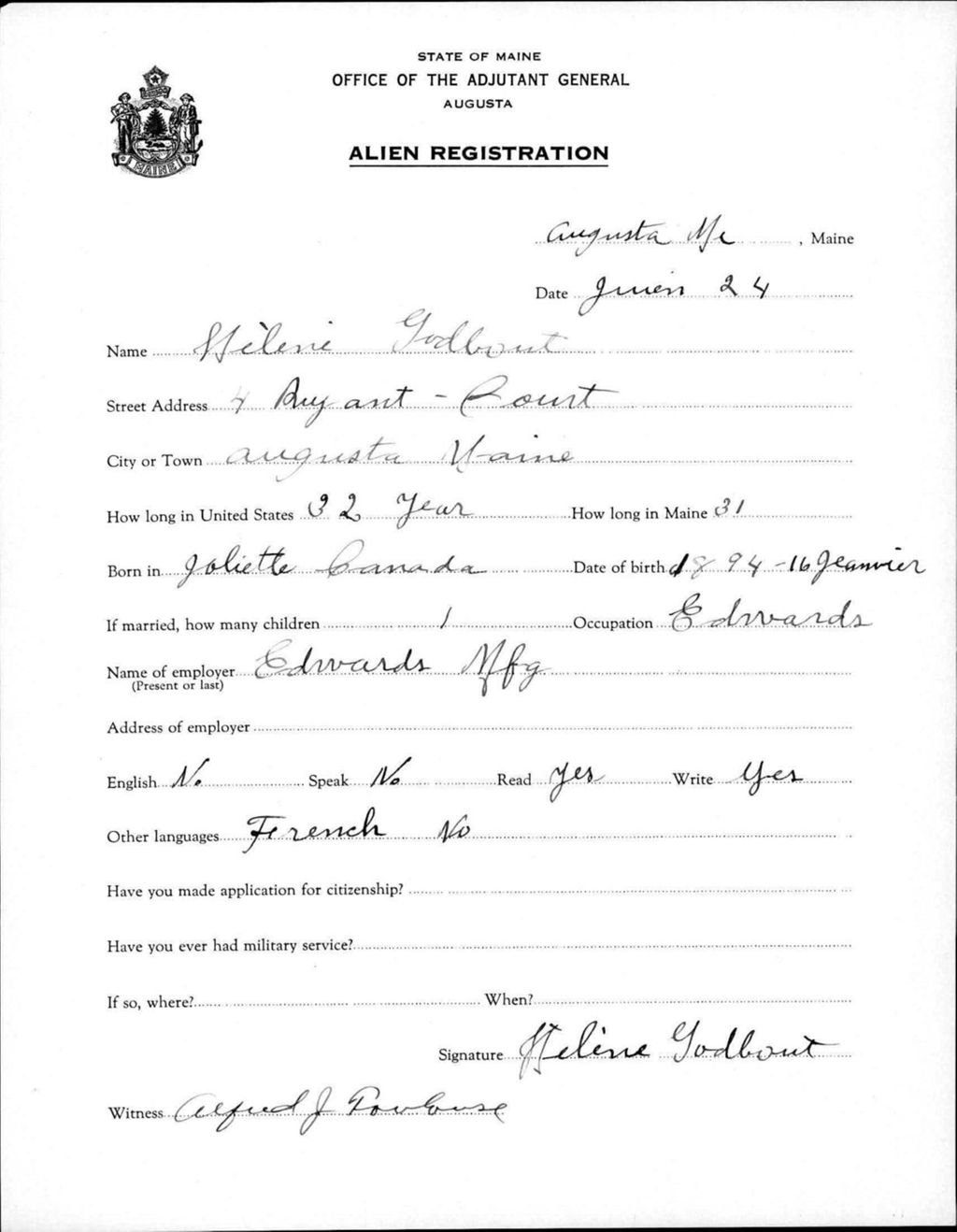 Miniature of Alien Registration- Godbout, Helene (Augusta, Kennebec County)