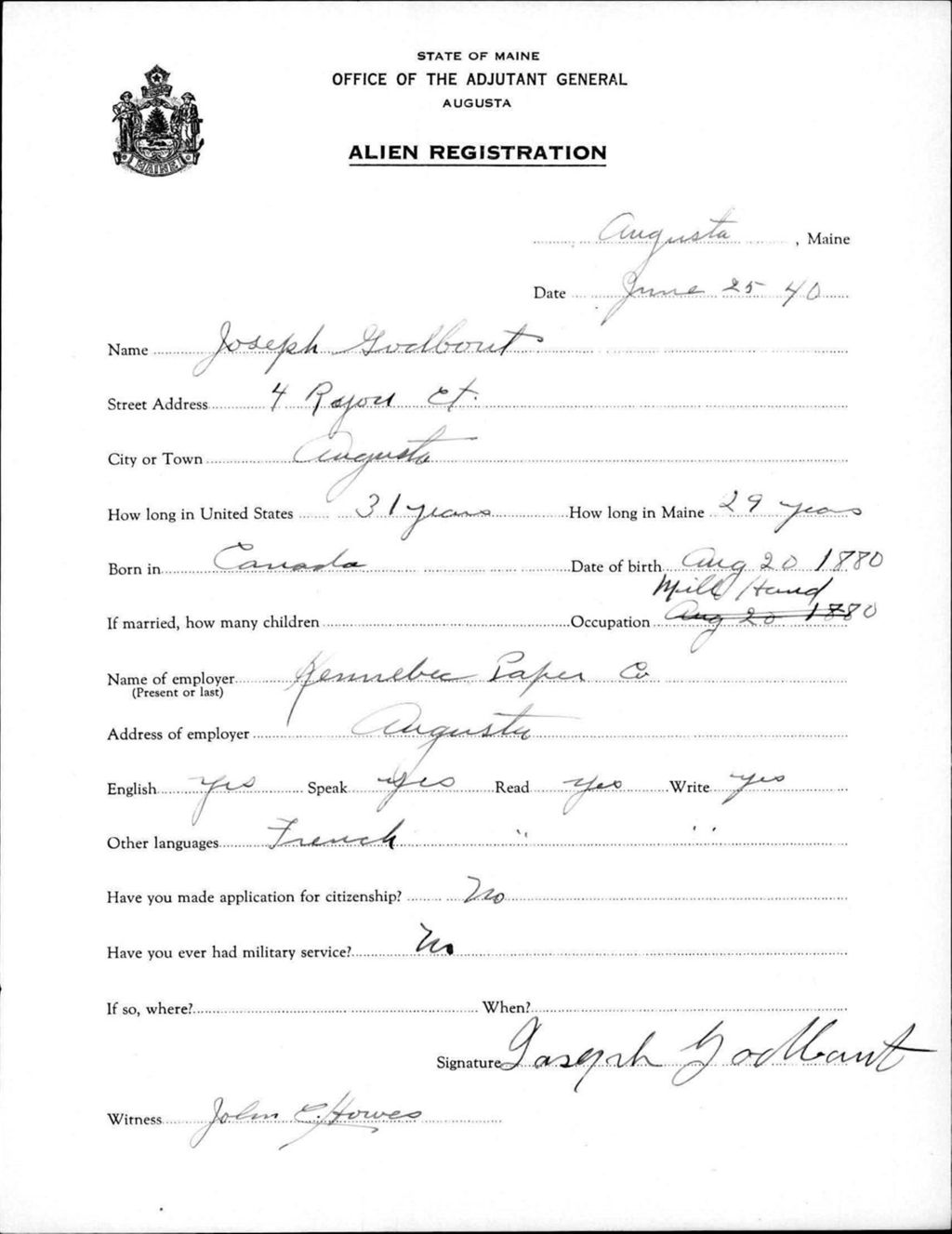 Miniature of Alien Registration- Godbout, Joseph (Augusta, Kennebec County)