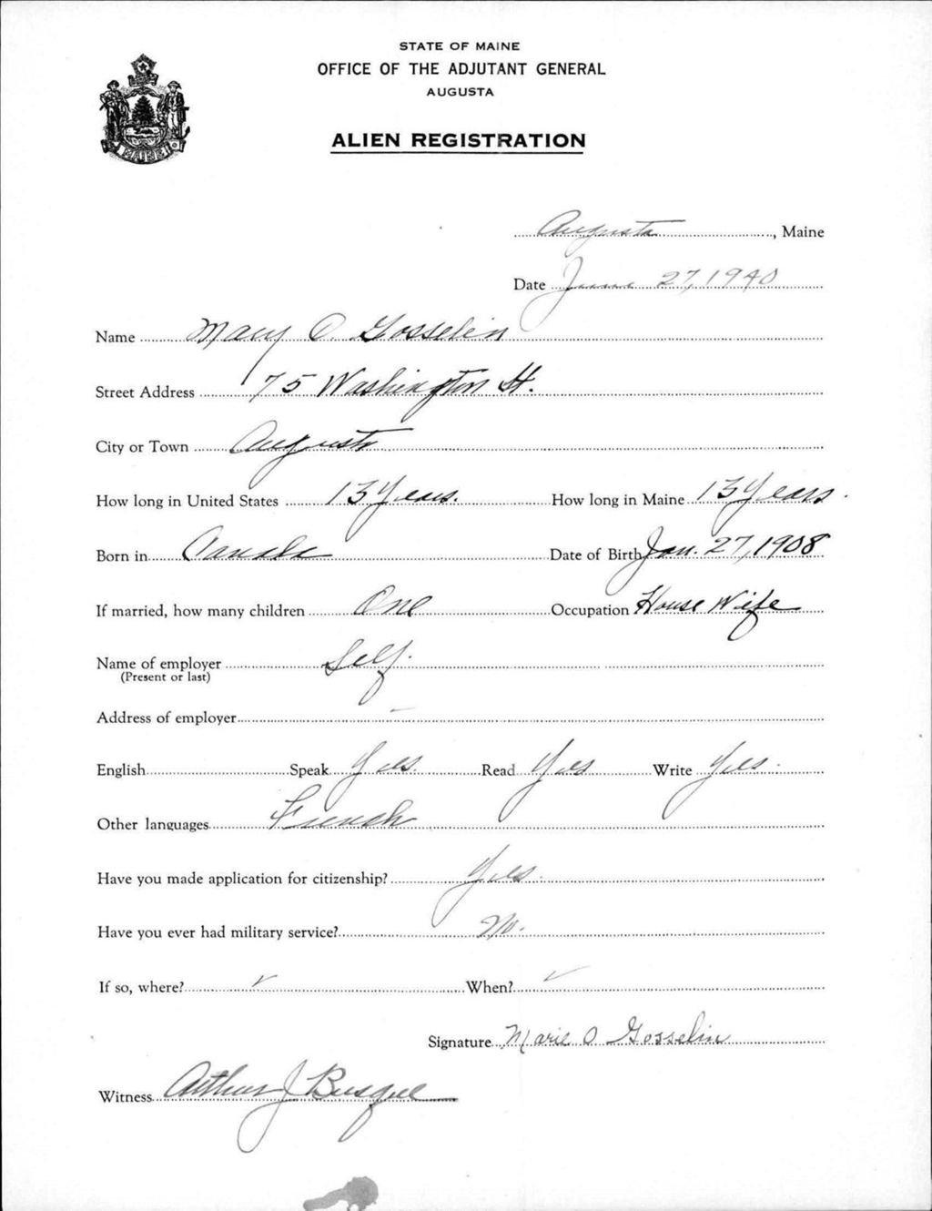Miniature of Alien Registration- Gaoosselin, Mary O. (Augusta, Kennebec County)