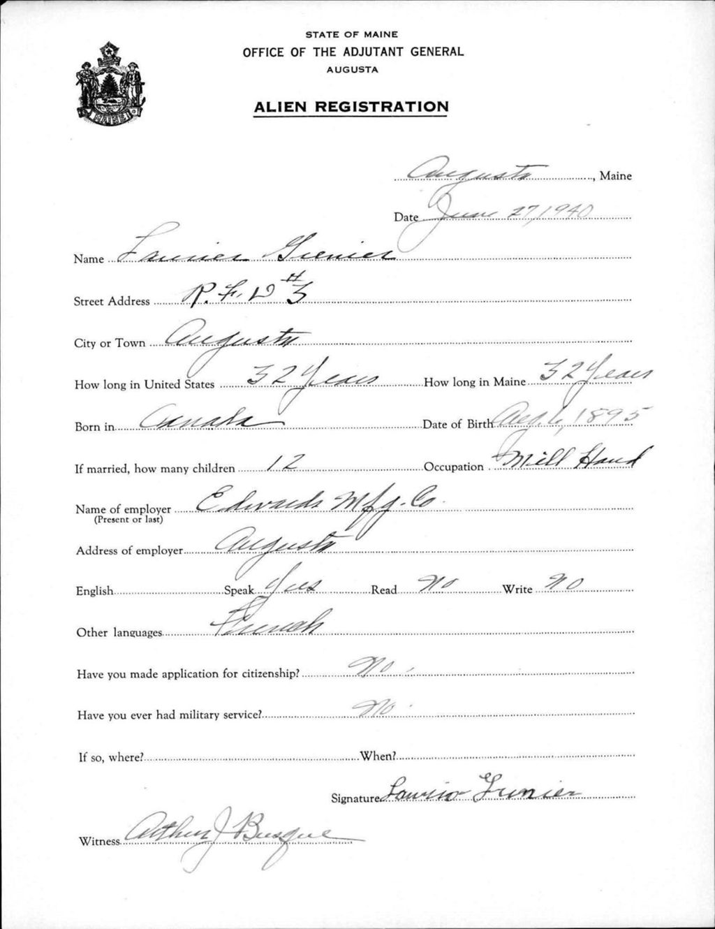 Miniature of Alien Registration- Grenier, Laurier (Augusta, Kennebec County)