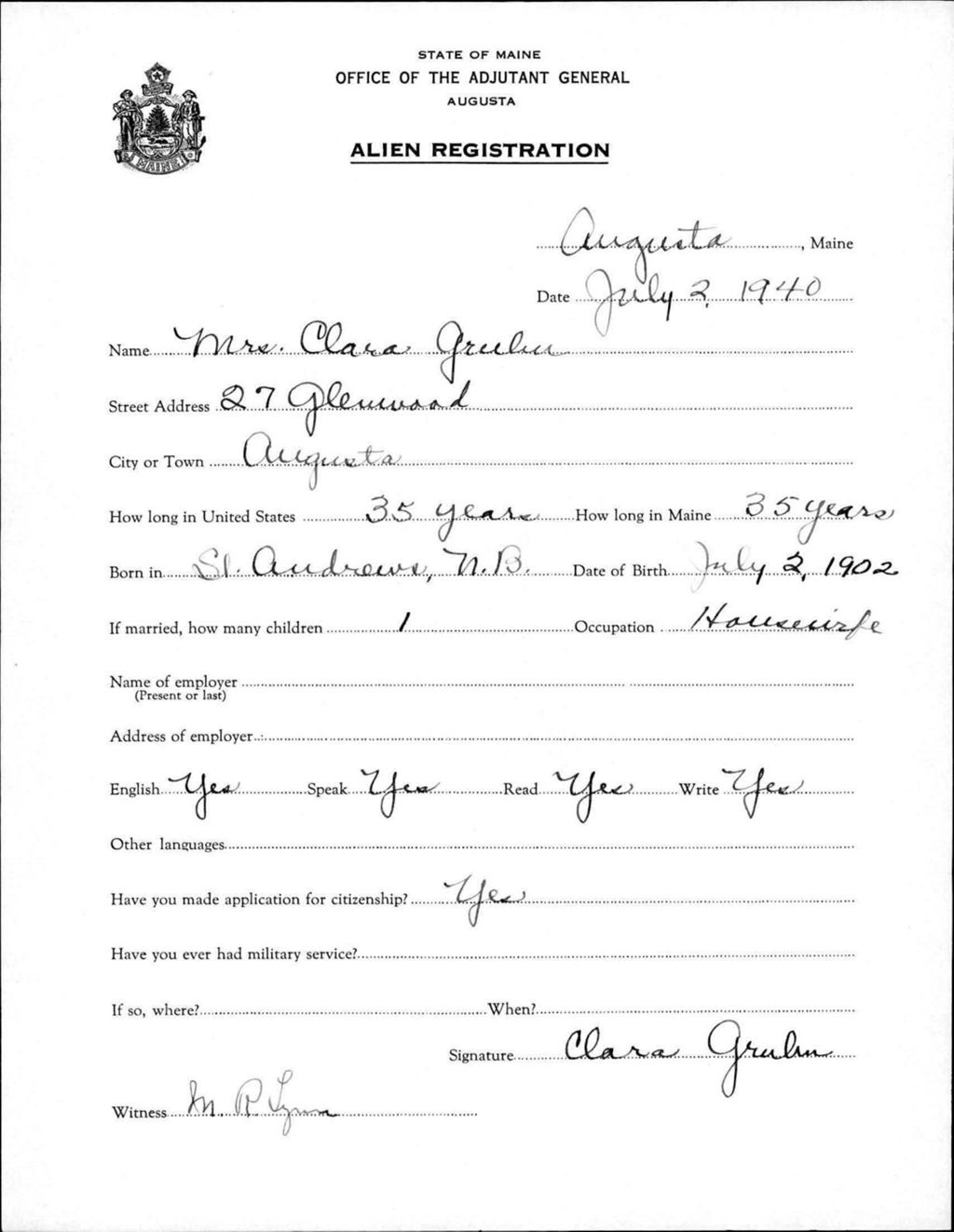 Miniature of Alien Registration- Grulin, Clara (Augusta, Kennebec County)