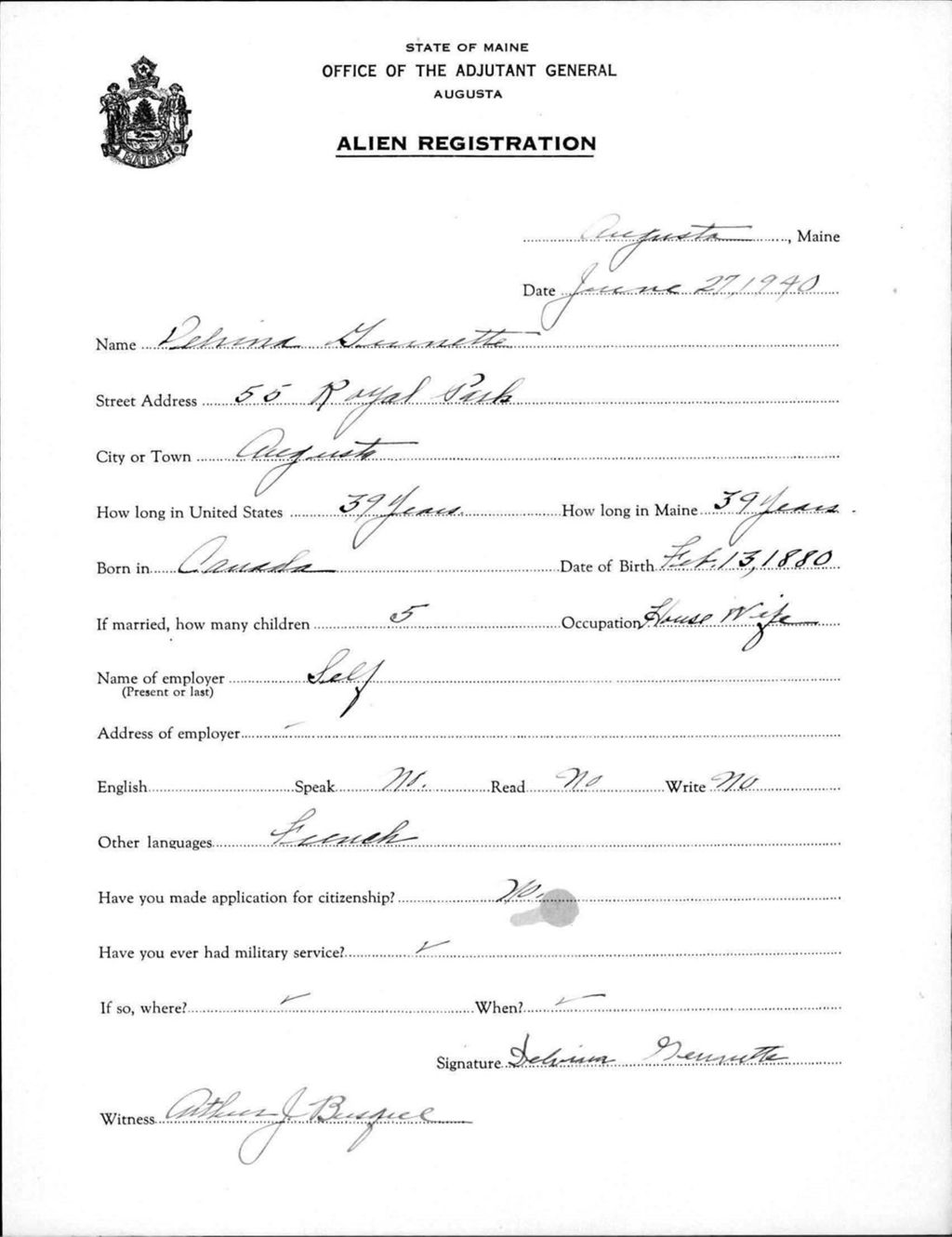 Miniature of Alien Registration- Gurnette, Delvina (Augusta, Kennebec County)