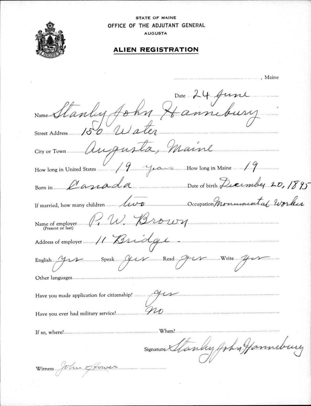 Miniature of Alien Registration- Hannibury, Stanley J. (Augusta, Kennebec County)