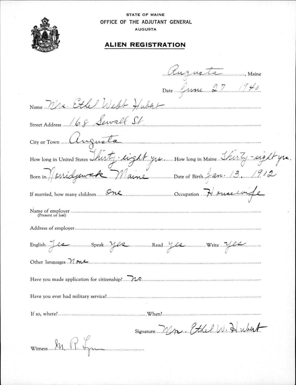 Miniature of Alien Registration- Webb, Ethel (Augusta, Kennebec County)