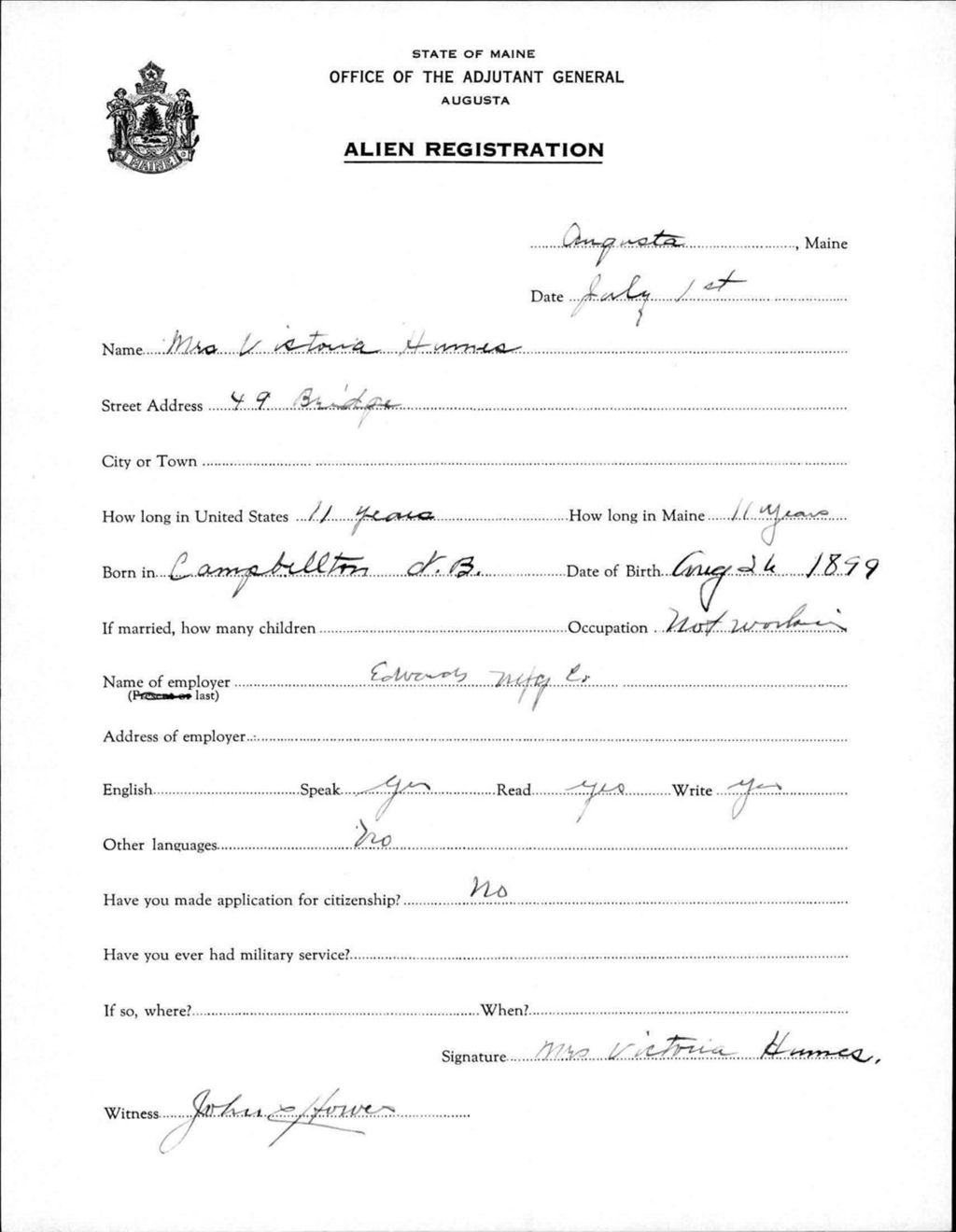 Miniature of Alien Registration- Humes, Victoria (Augusta, Kennebec County)