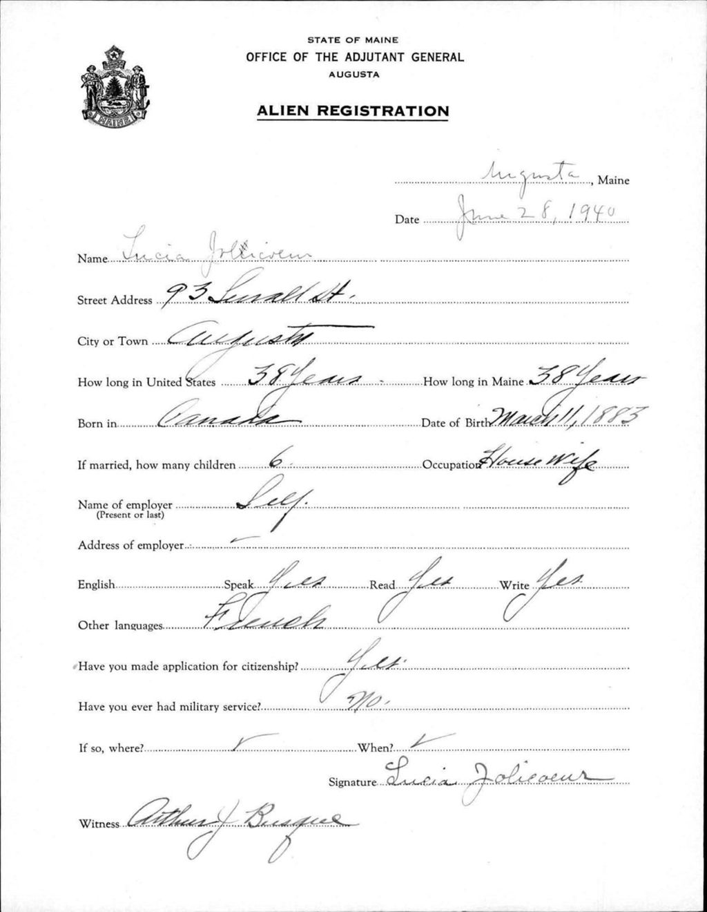 Miniature of Alien Registration- Jolicoeur, Lucia (Augusta, Kennebec County)