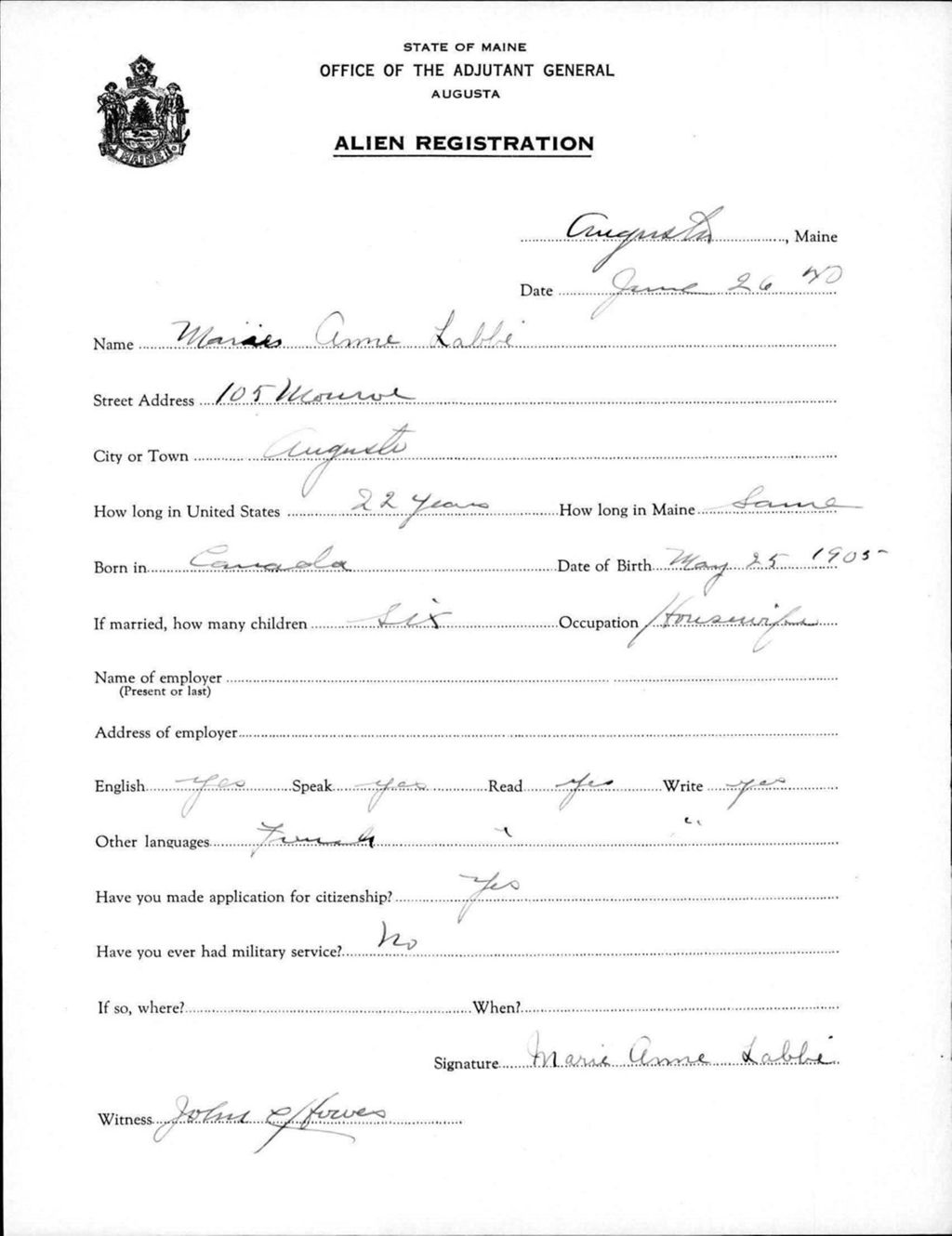 Miniature of Alien Registration- Labbe, Marie A. (Augusta, Kennebec County)