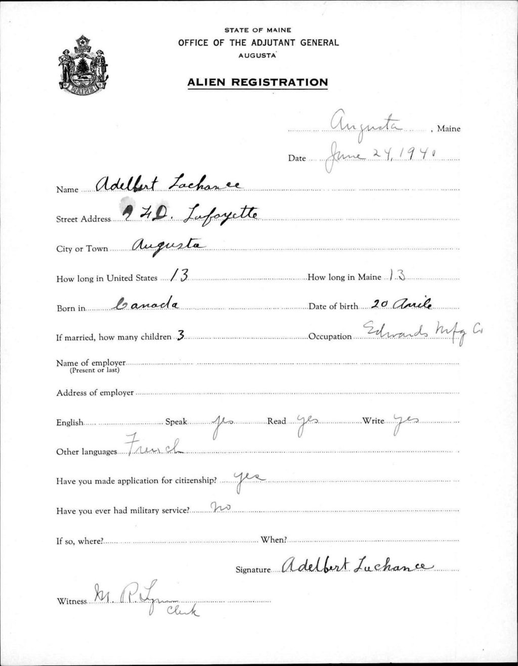 Miniature of Alien Registration- Lachance, Adelbert (Augusta, Kennebec County)