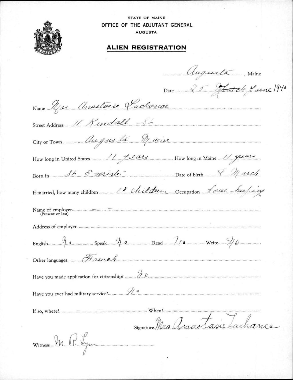 Miniature of Alien Registration- Lachance, Anastasie (Augusta, Kennebec County)