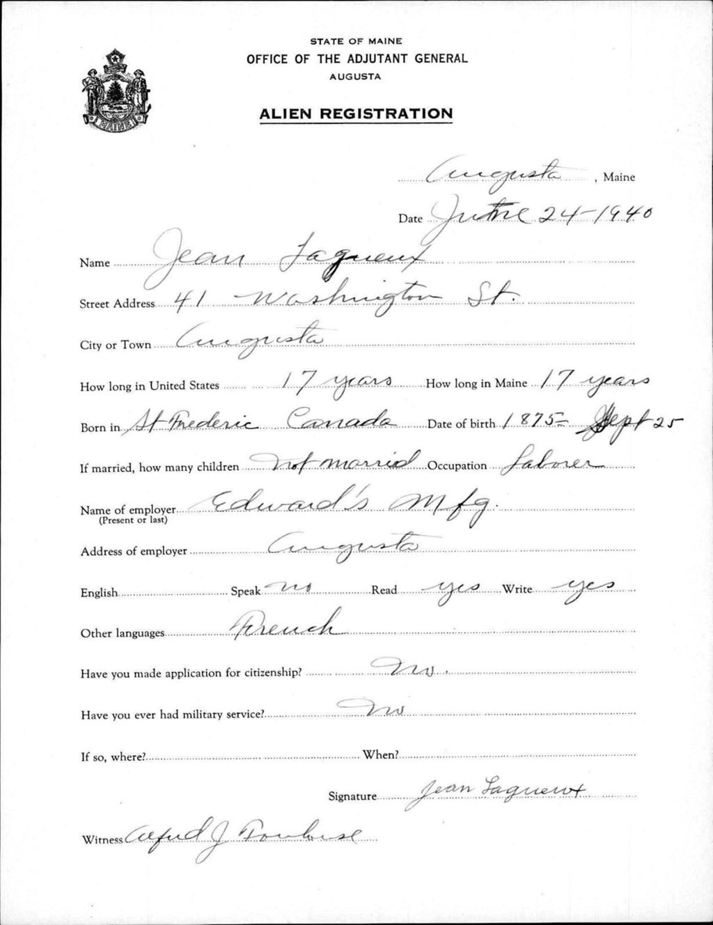 Miniature of Alien Registration- Lagueux, Jean (Augusta, Kennebec County)