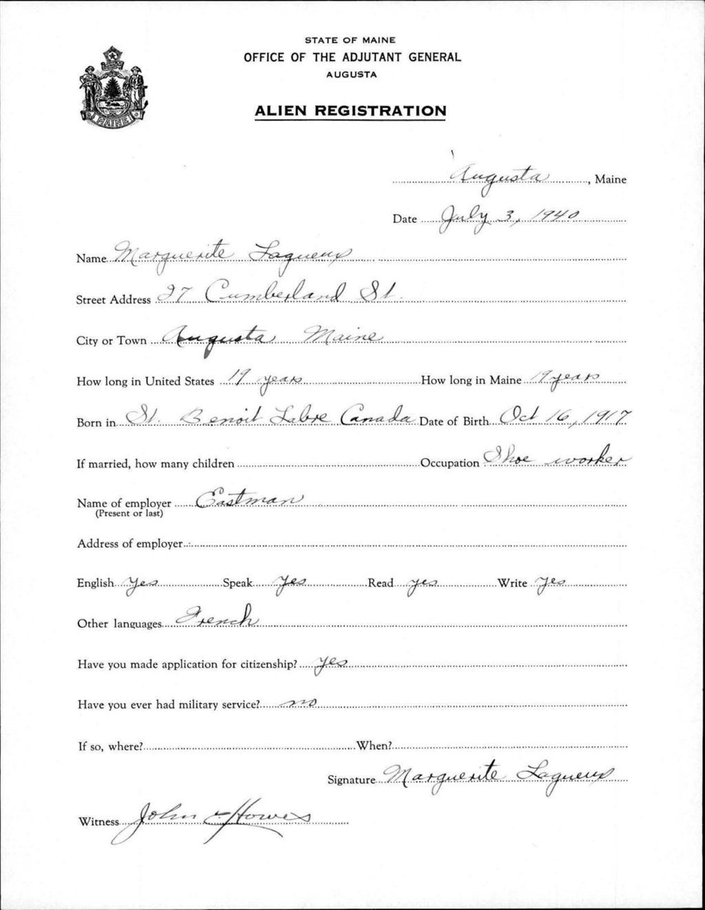 Miniature of Alien Registration- Lagueux, Marguerite (Augusta, Kennebec County)