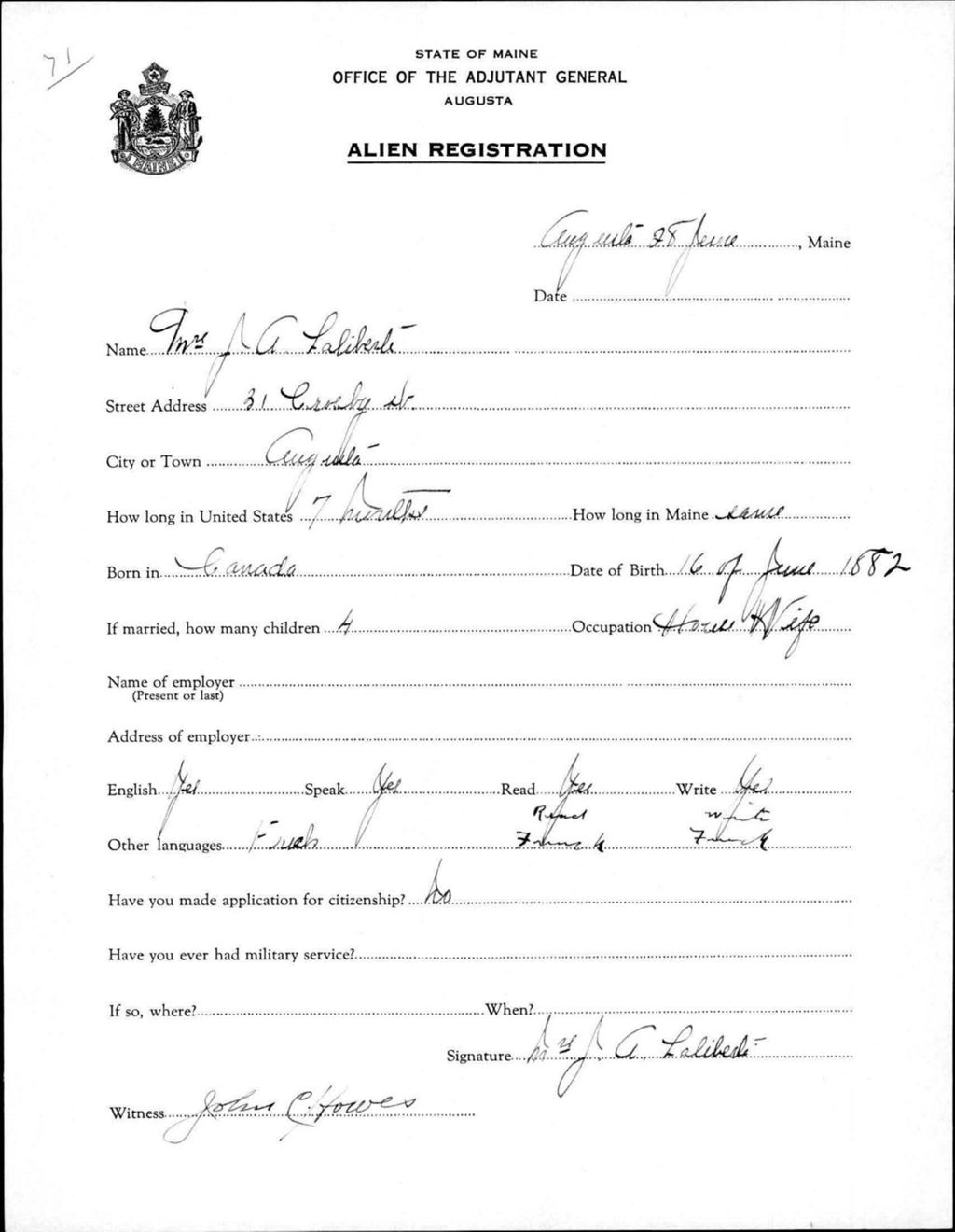 Miniature of Alien Registration- Laliberte, J A. (Augusta, Kennebec County)