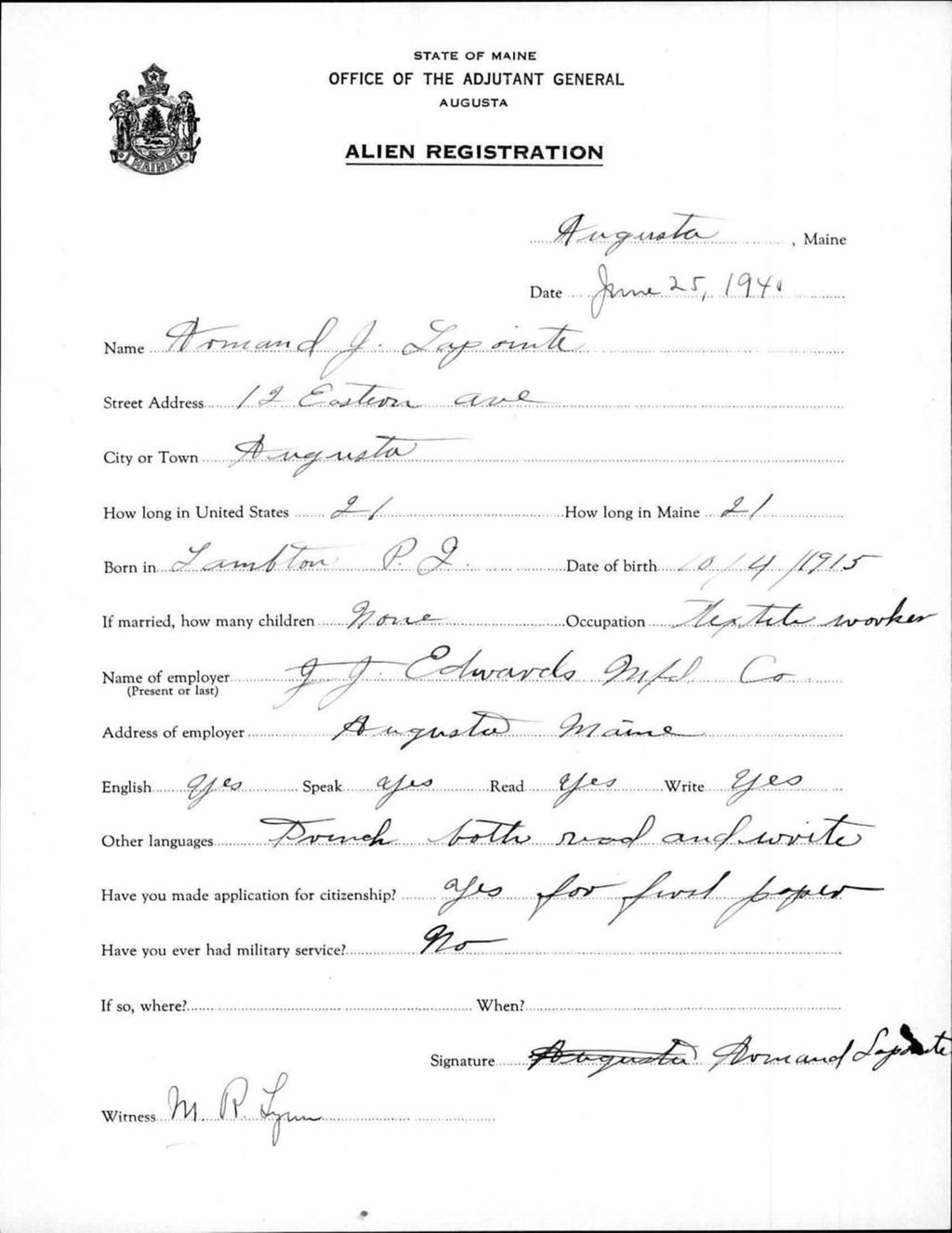 Miniature of Alien Registration- Lapointe, Normand J. (Augusta, Kennebec County)