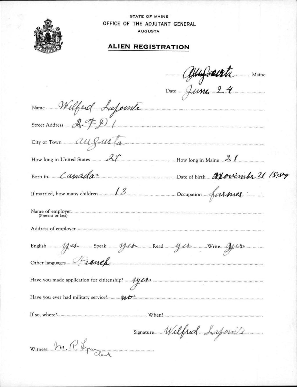 Miniature of Alien Registration- Lapointe, Wilfred (Augusta, Kennebec County)