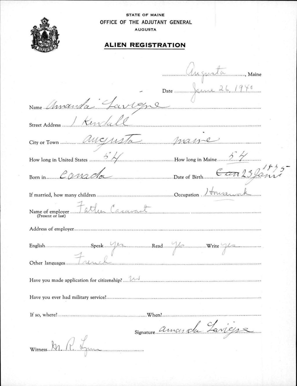 Miniature of Alien Registration- Lavigue, Amanda (Augusta, Kennebec County)