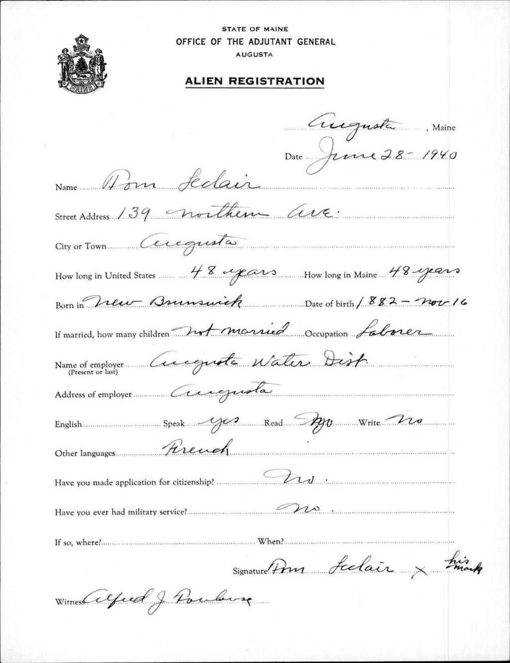 Miniature of Alien Registration- Leclair, Tom (Augusta, Kennebec County)