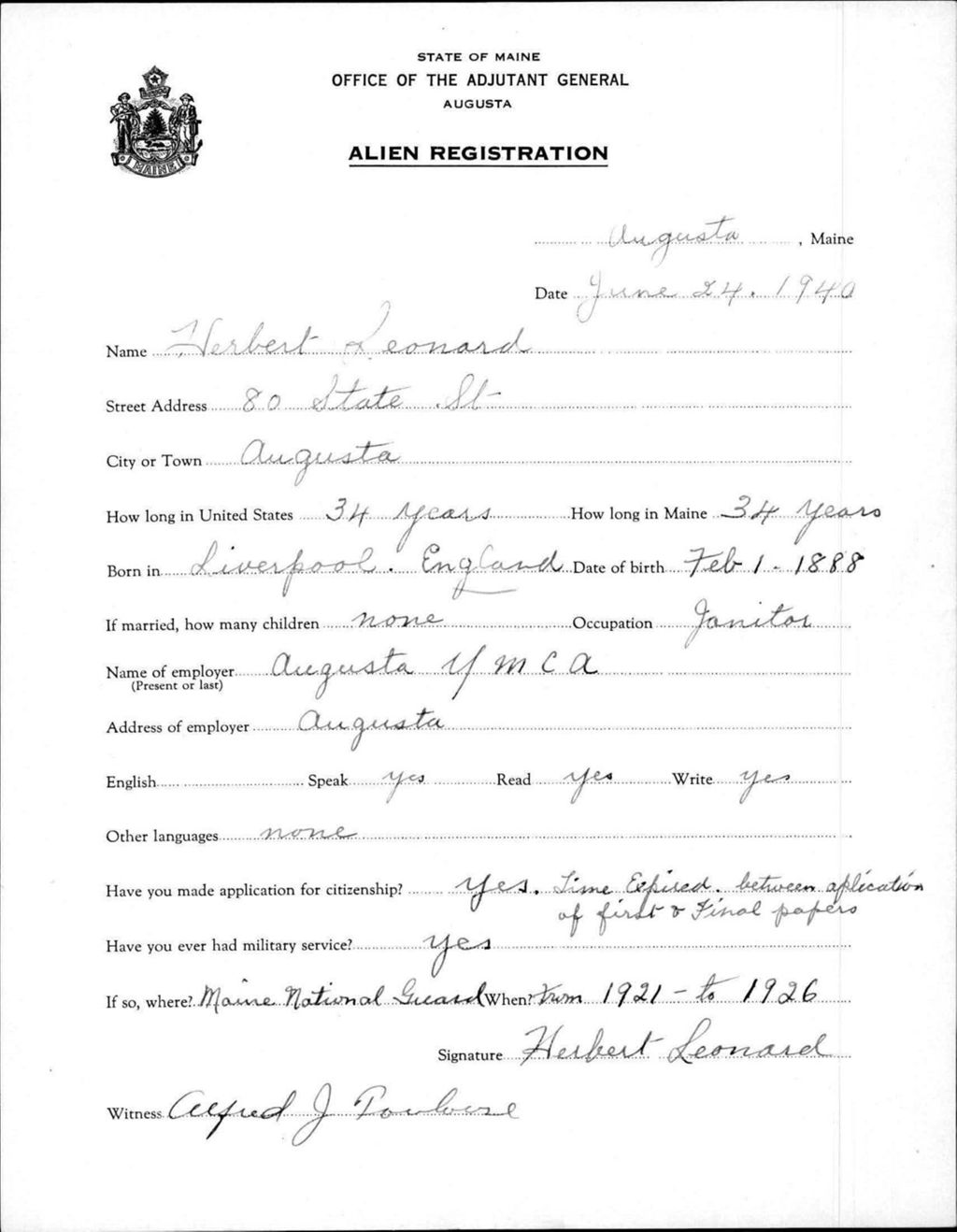 Miniature of Alien Registration- Leonard, Herbert (Augusta, Kennebec County)