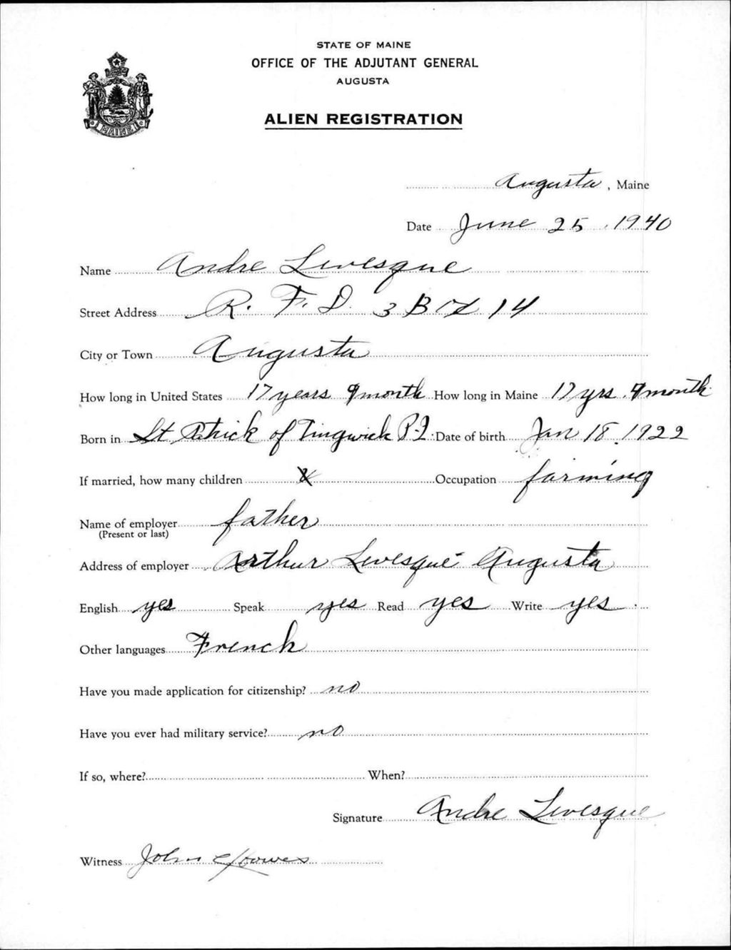 Miniature of Alien Registration- Levesque, Andre (Augusta, Kennebec County)