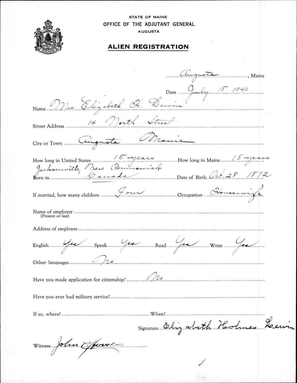 Miniature of Alien Registration- Lewin, Elizabeth H. (Augusta, Kennebec County)