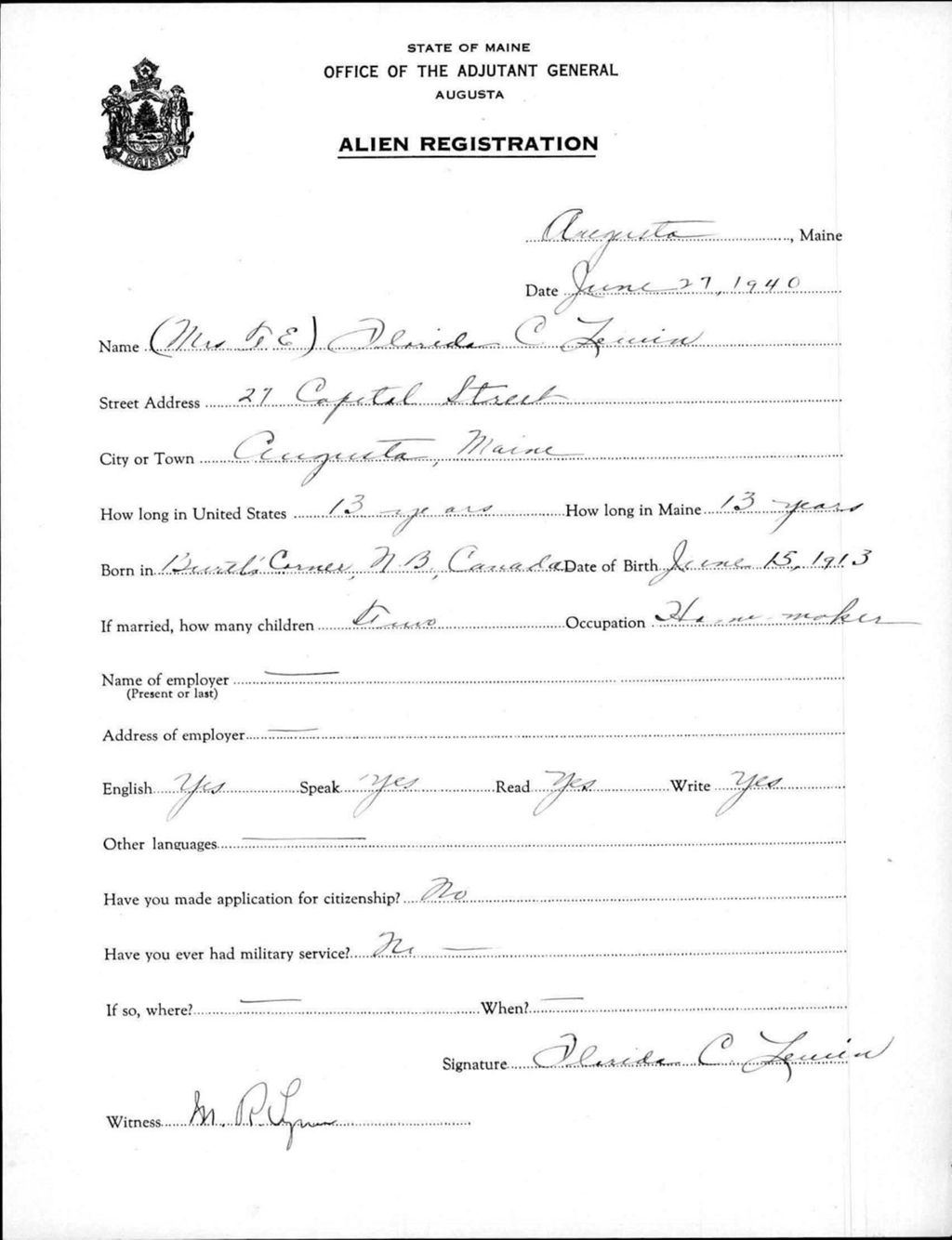 Miniature of Alien Registration- Lewin, Florida C. (Augusta, Kennebec County)