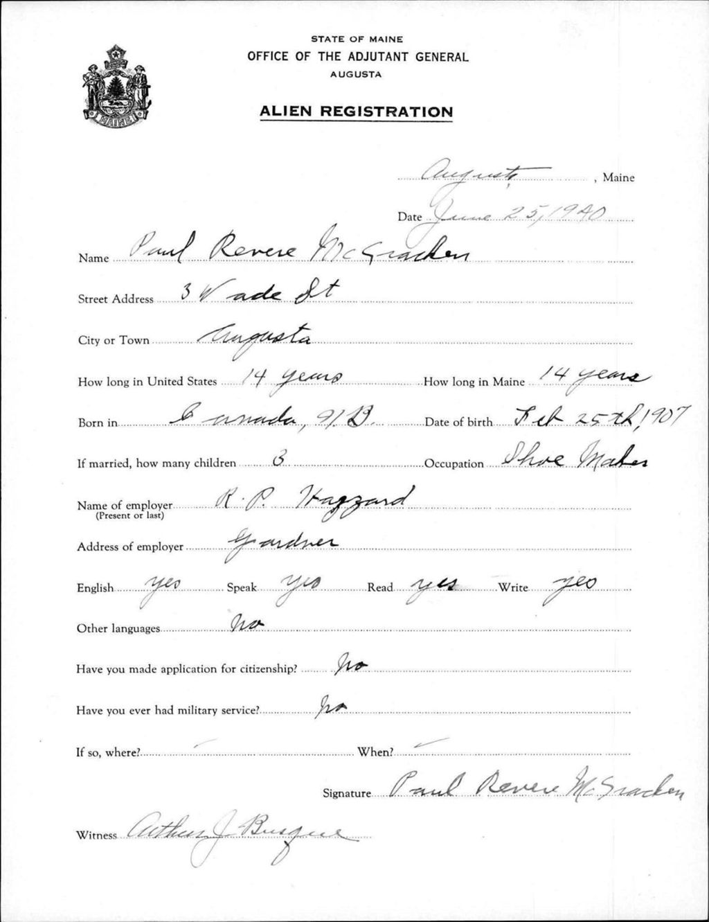 Miniature of Alien Registration- Mccracken, Paul R. (Augusta, Kennebec County)