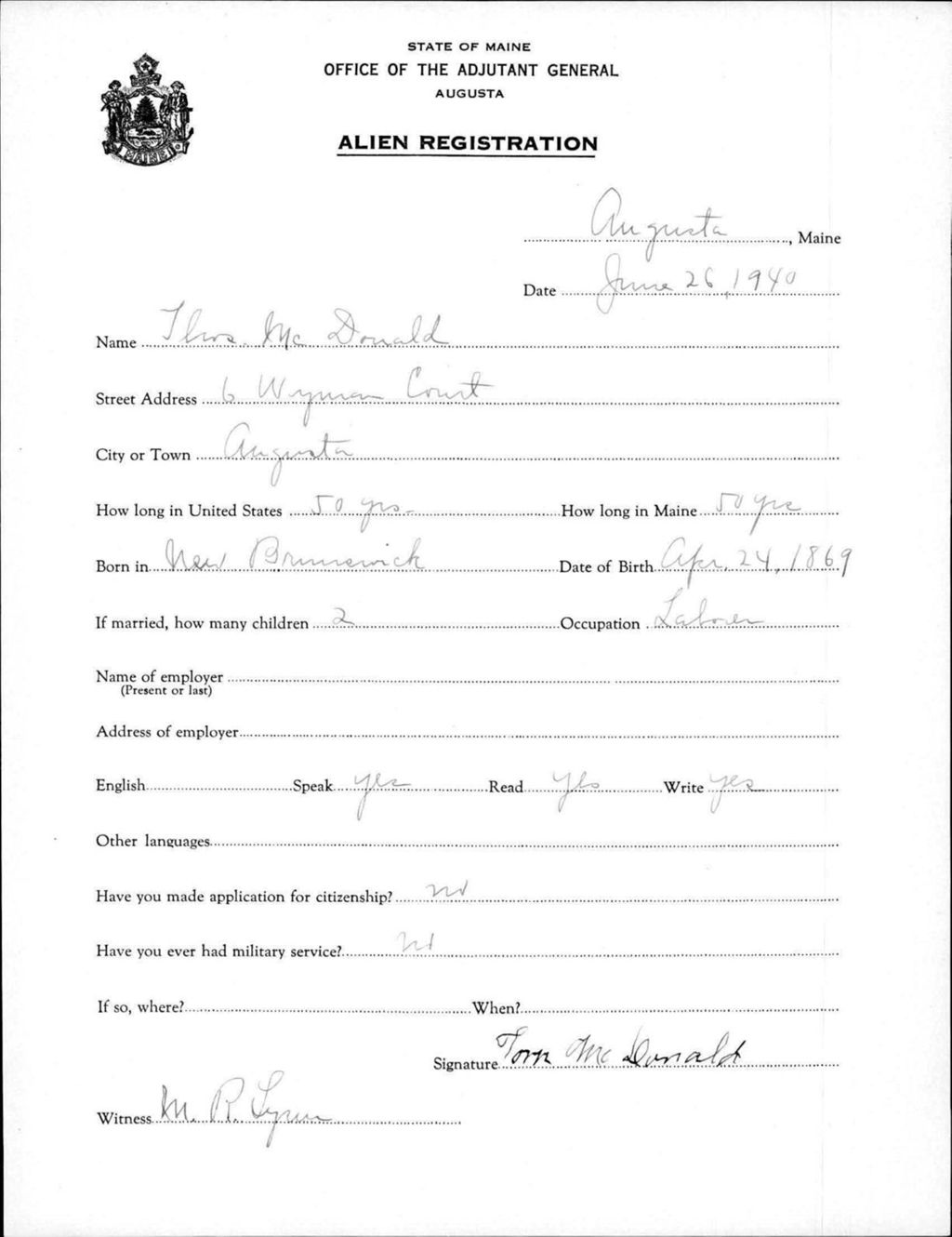 Miniature of Alien Registration- Mcdonald, Thomas (Augusta, Kennebec County)