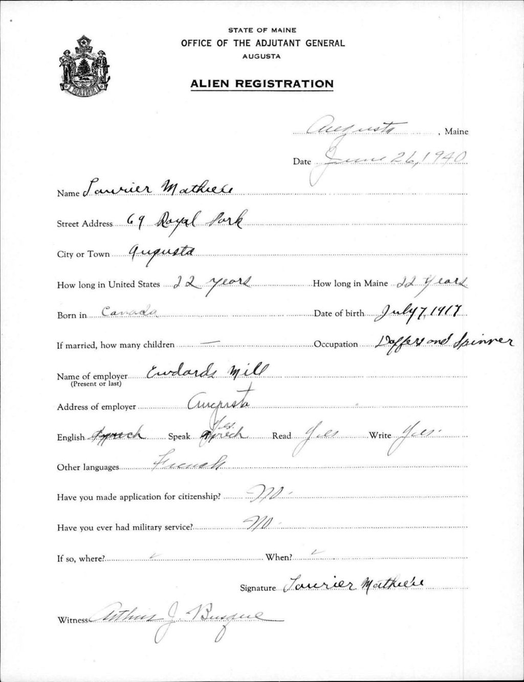 Miniature of Alien Registration- Mathieu, Lauvier (Augusta, Kennebec County)