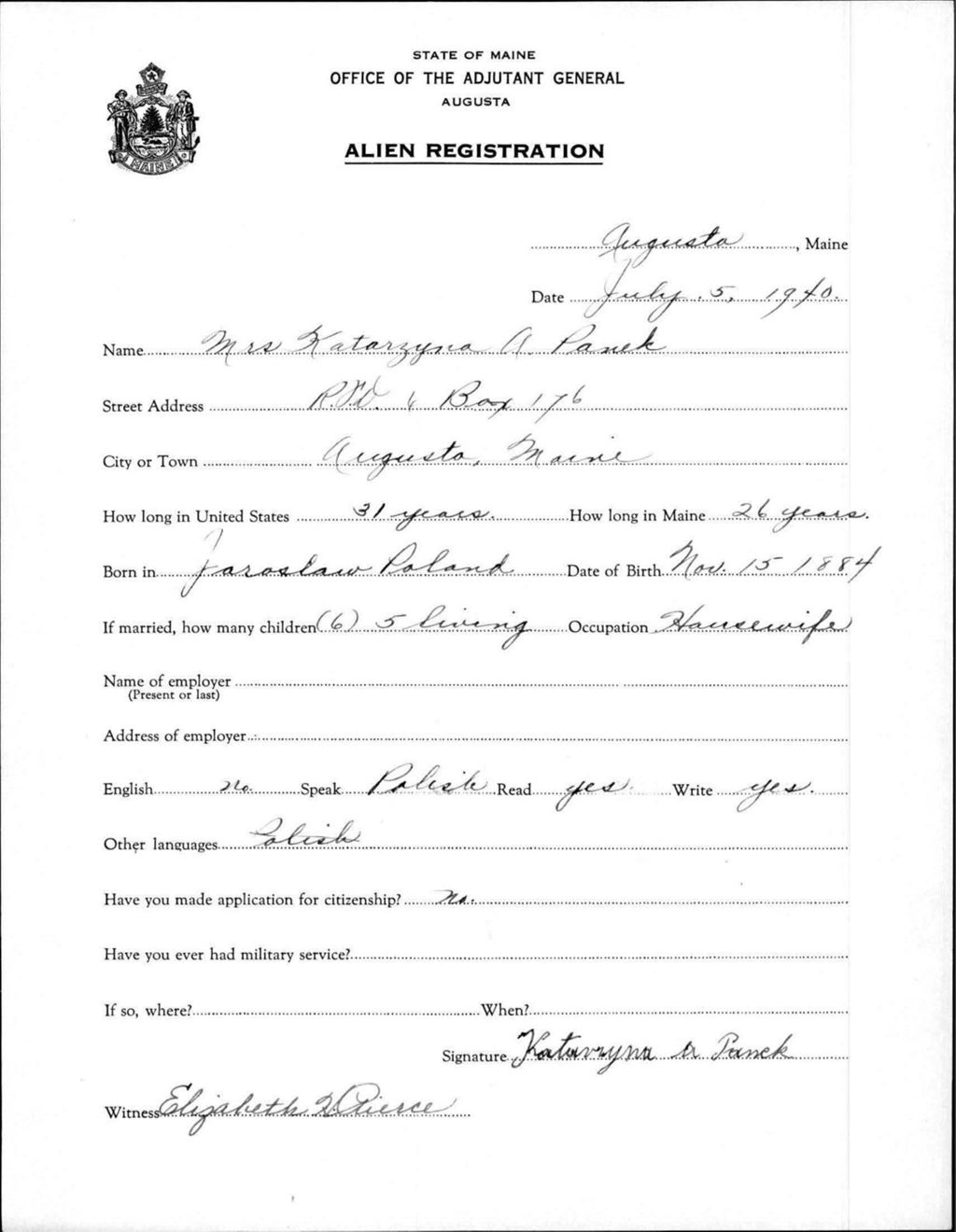 Miniature of Alien Registration- Panek, Katarzyna A. (Augusta, Kennebec County)