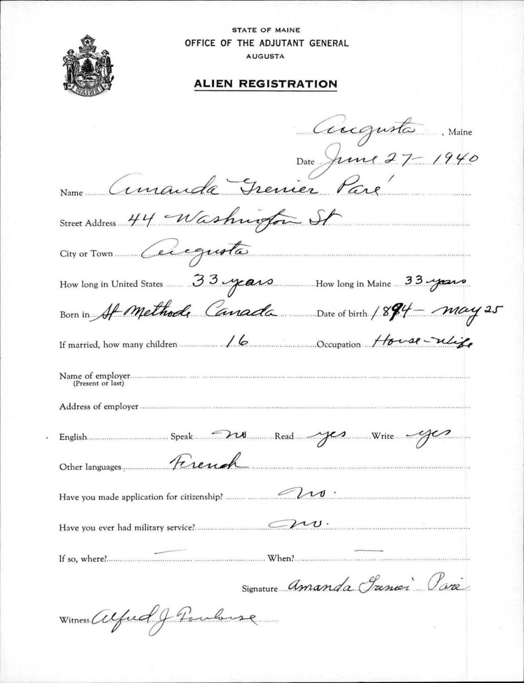 Miniature of Alien Registration- Grenier, Amanda (Augusta, Kennebec County)