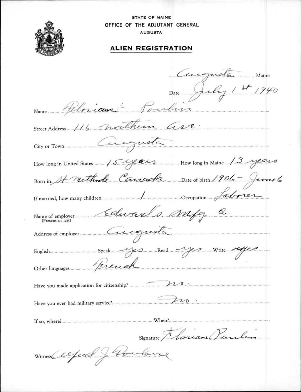 Miniature of Alien Registration- Poulin, Florian (Augusta, Kennebec County)