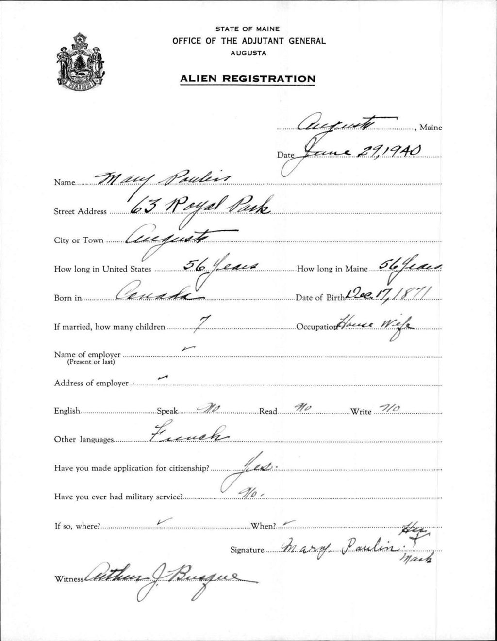 Miniature of Alien Registration- Poulin, Mary (Augusta, Kennebec County)