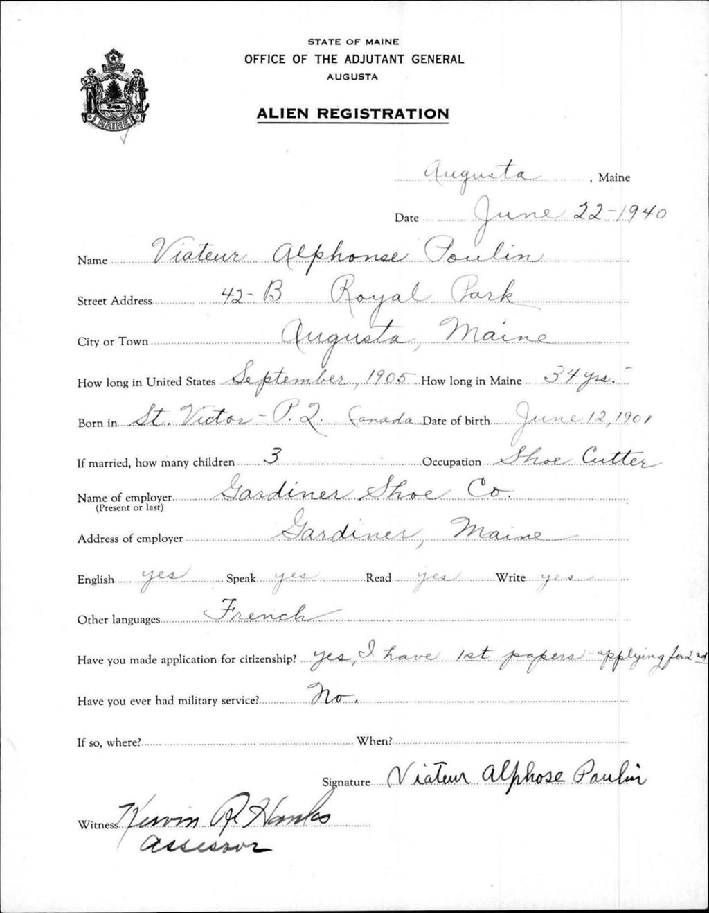 Miniature of Alien Registration- Poulin, Viateur A. (Augusta, Kennebec County)
