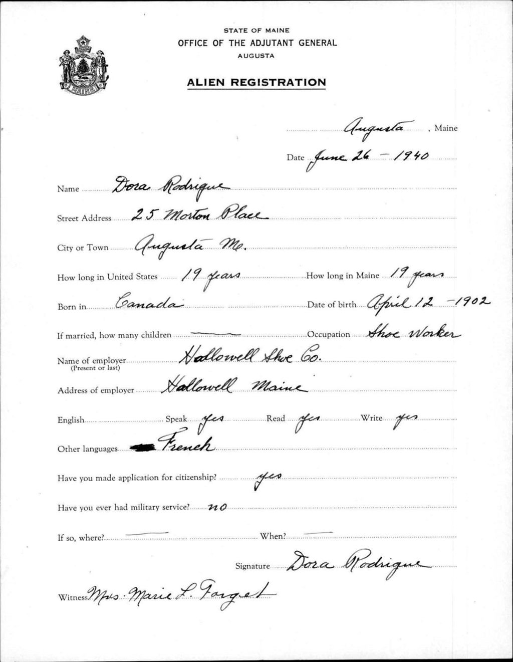 Miniature of Alien Registration- Rodrigue, Dora (Augusta, Kennebec County)