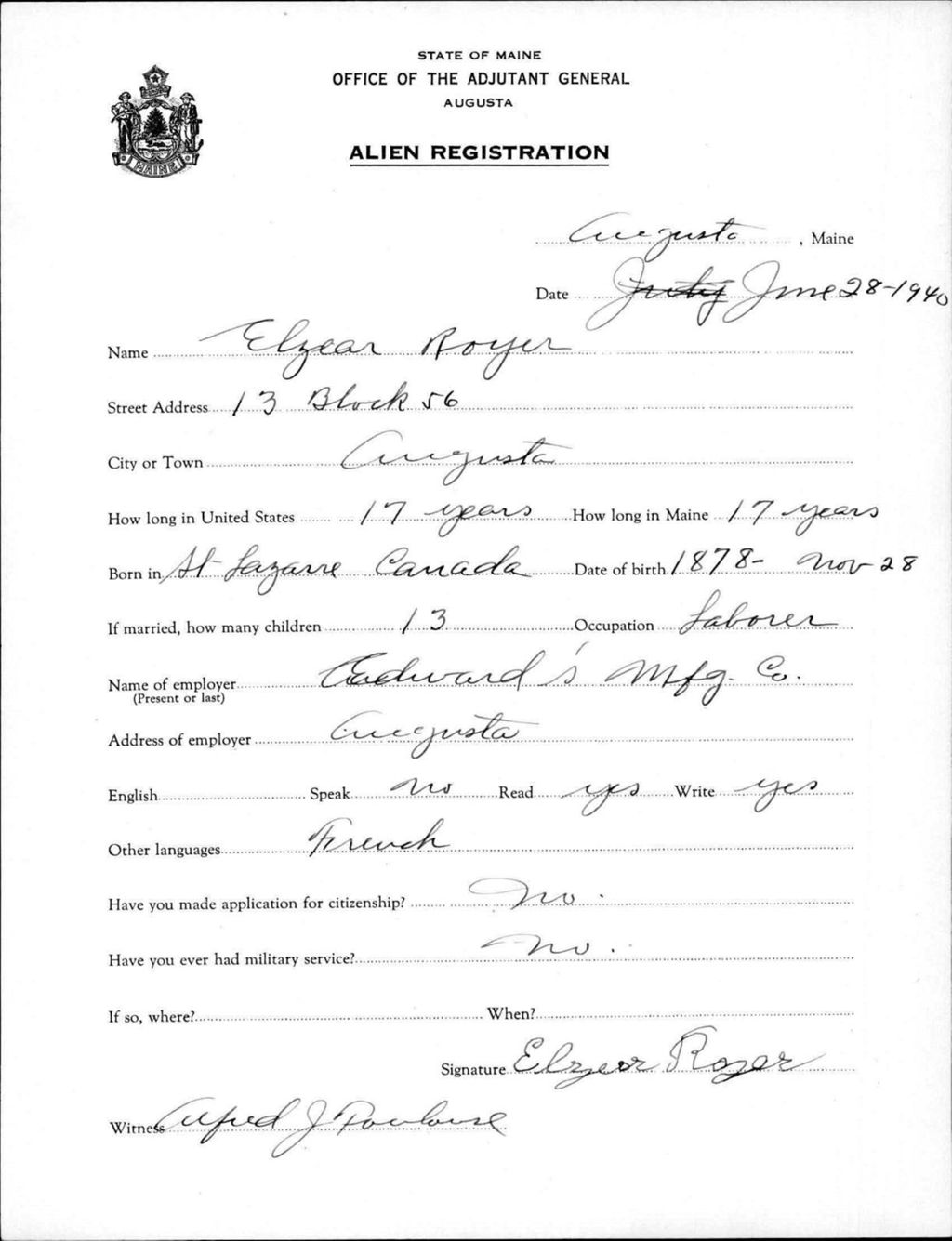 Miniature of Alien Registration- Royer, Elzear (Augusta, Kennebec County)
