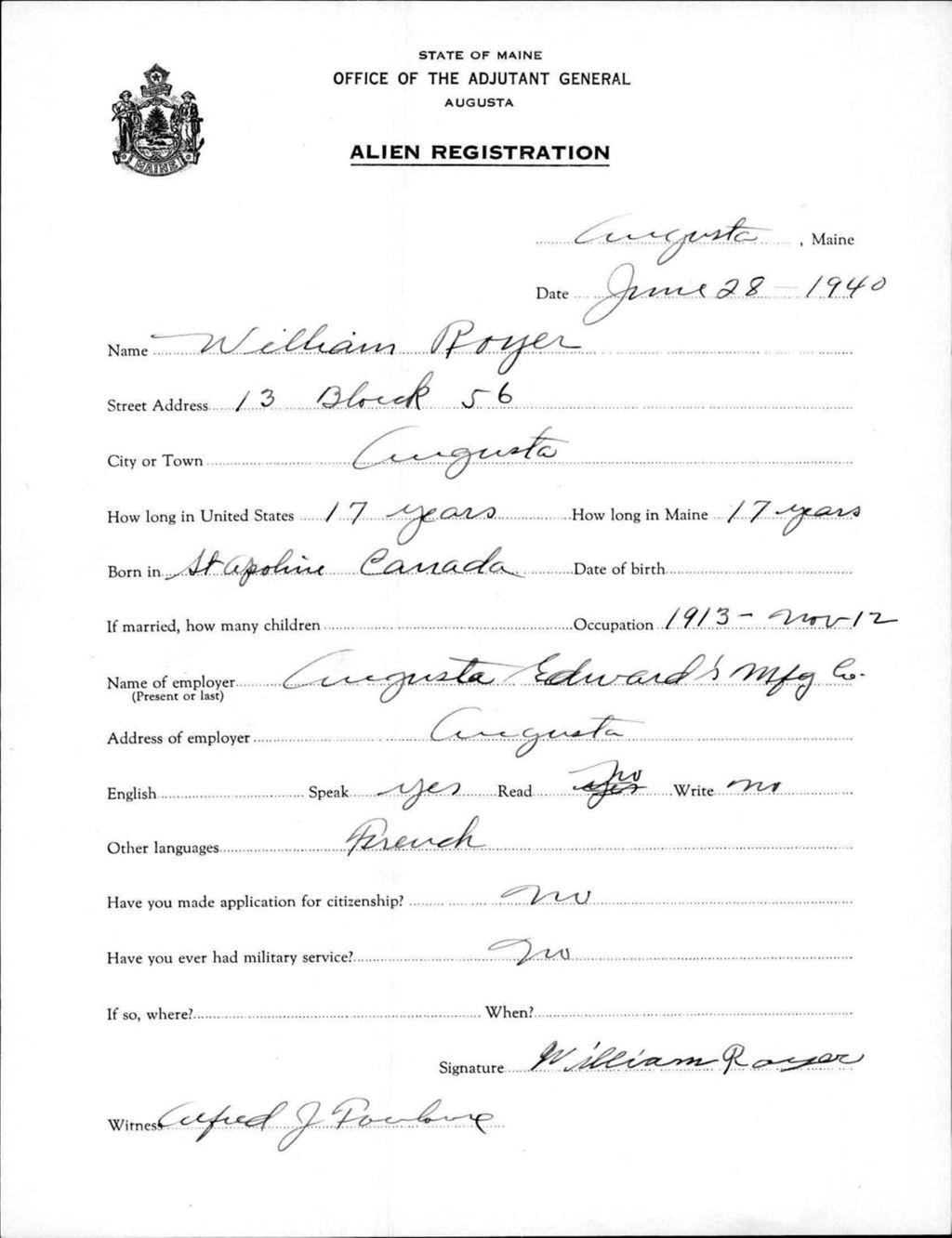 Miniature of Alien Registration- Royer, William (Augusta, Kennebec County)