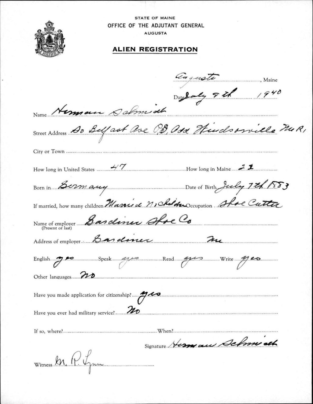 Miniature of Alien Registration- Schmidt, Herman (Augusta, Kennebec County)
