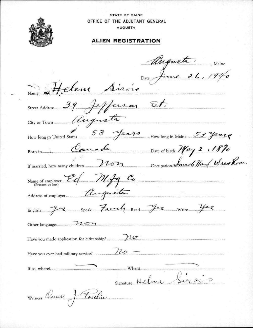 Miniature of Alien Registration- Sirois, Helene (Augusta, Kennebec County)