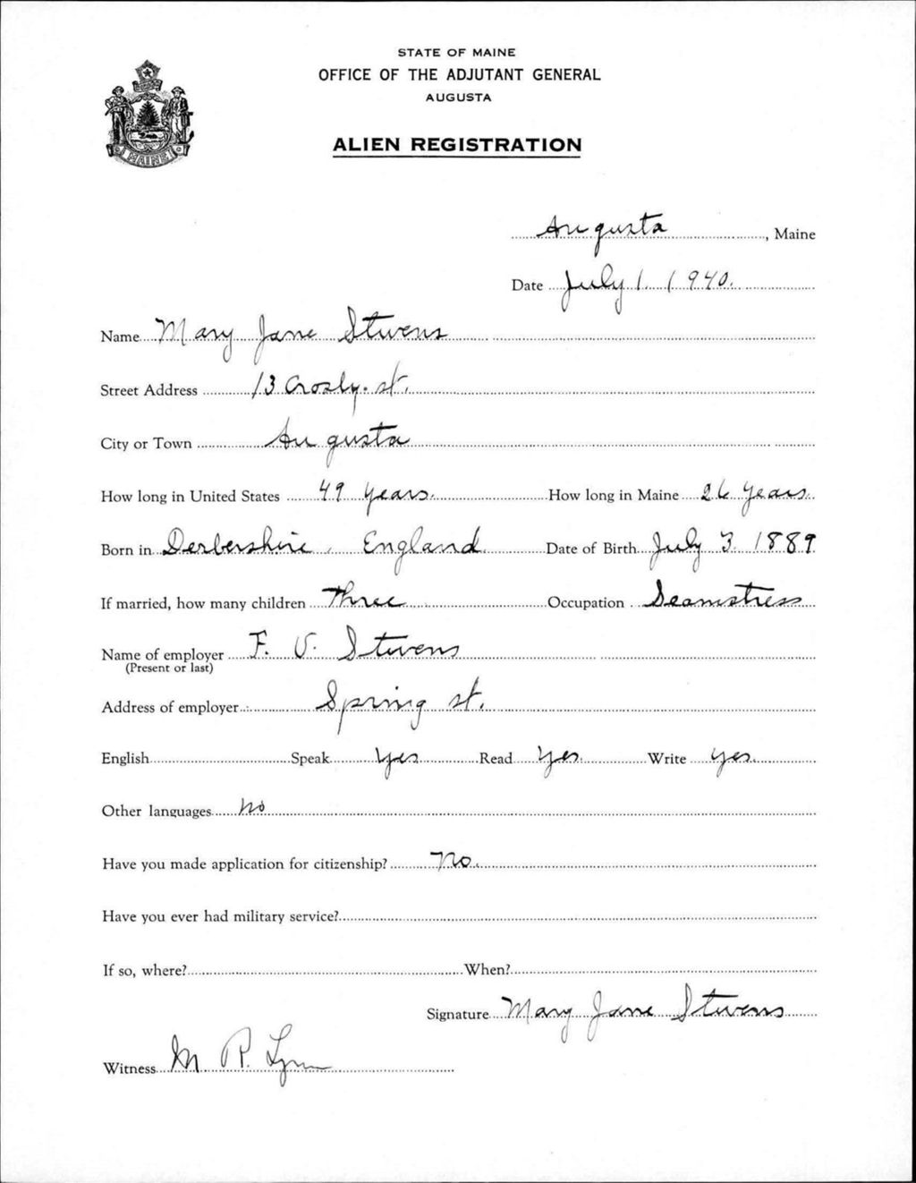 Miniature of Alien Registration- Stevens, Mary J. (Augusta, Kennebec County)