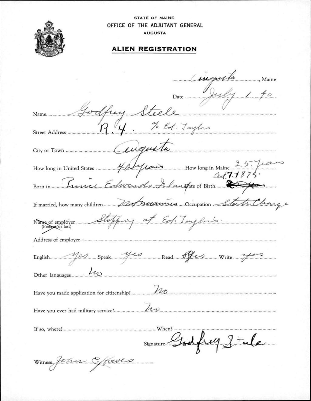 Miniature of Alien Registration- Steele, Godfrey (Augusta, Kennebec County)