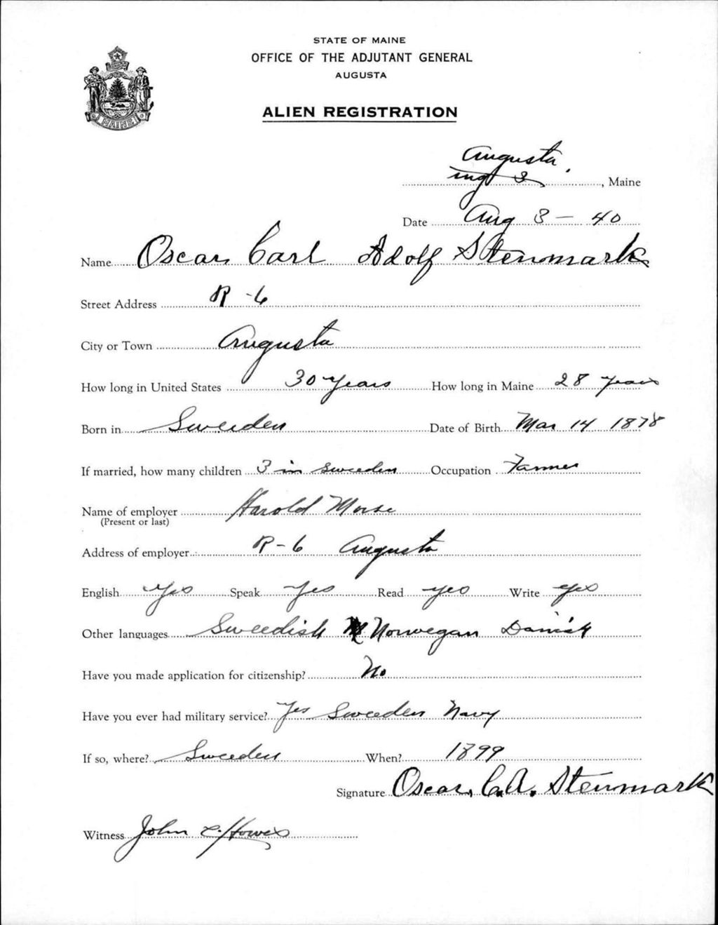 Miniature of Alien Registration- Steinmark, Oscar Carl A. (Augusta, Kennebec County)