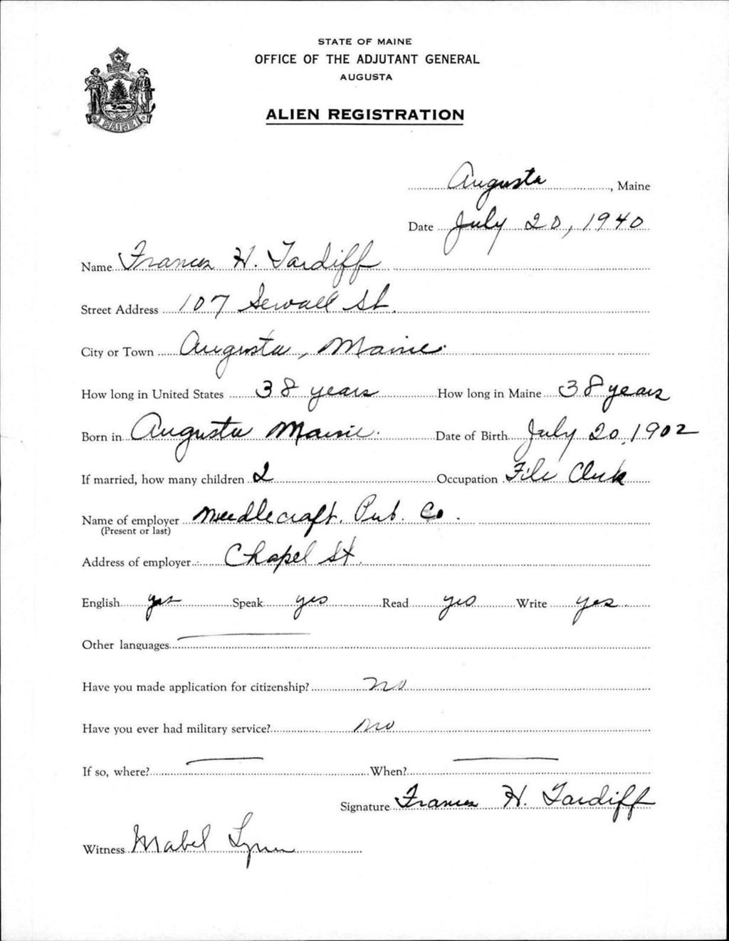 Miniature of Alien Registration- Tardiff, Frances H. (Augusta, Kennebec County)