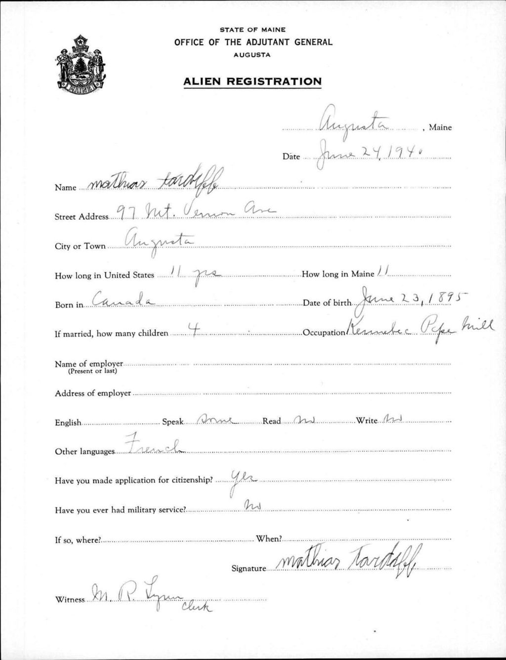 Miniature of Alien Registration- Tardiff, Mathias (Augusta, Kennebec County)