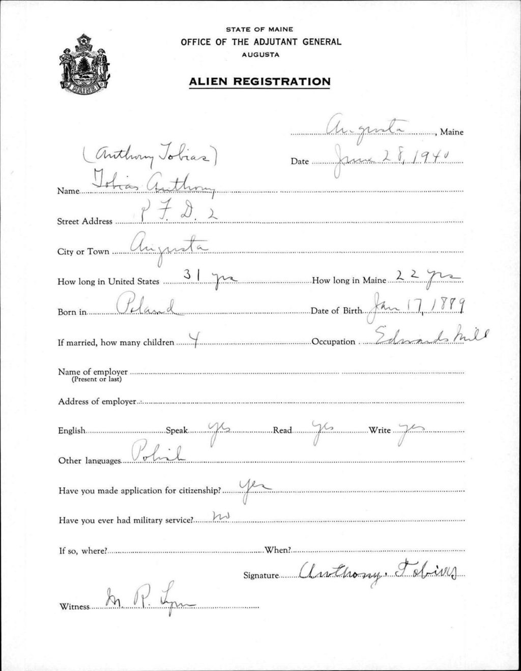 Miniature of Alien Registration- Tobias, Anthony (Augusta, Kennebec County)