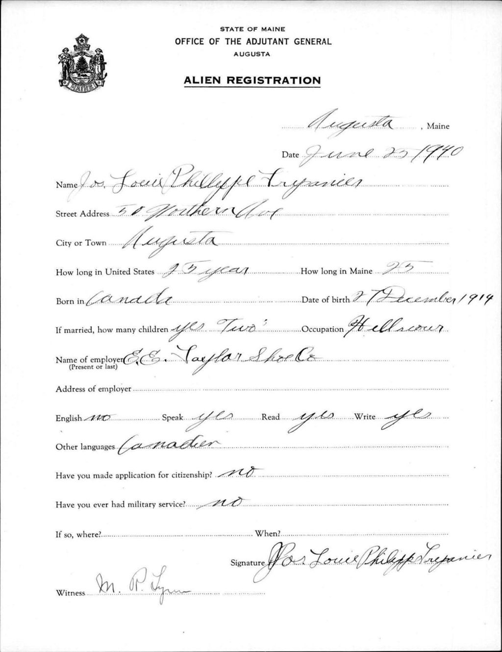 Miniature of Alien Registration- Trepanier, Joseph Louis P. (Augusta, Kennebec County)