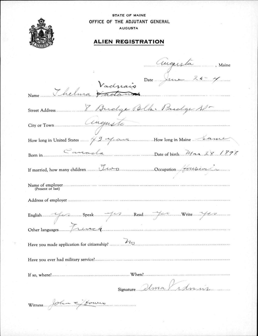 Miniature of Alien Registration- Vadnais, Thelma (Augusta, Kennebec County)