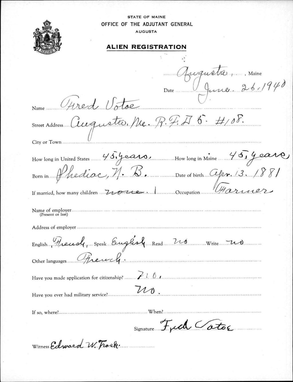 Miniature of Alien Registration- Votoe, Fred (Augusta, Kennebec County)